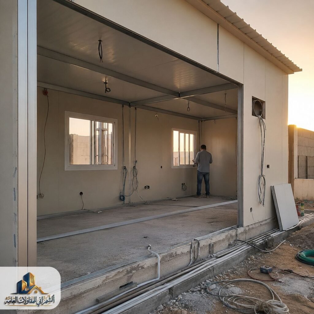 تجهيز تمديدات الكهرباء وفتحات التكييف داخل ملحق ساندوتش بانل قيد التشطيب