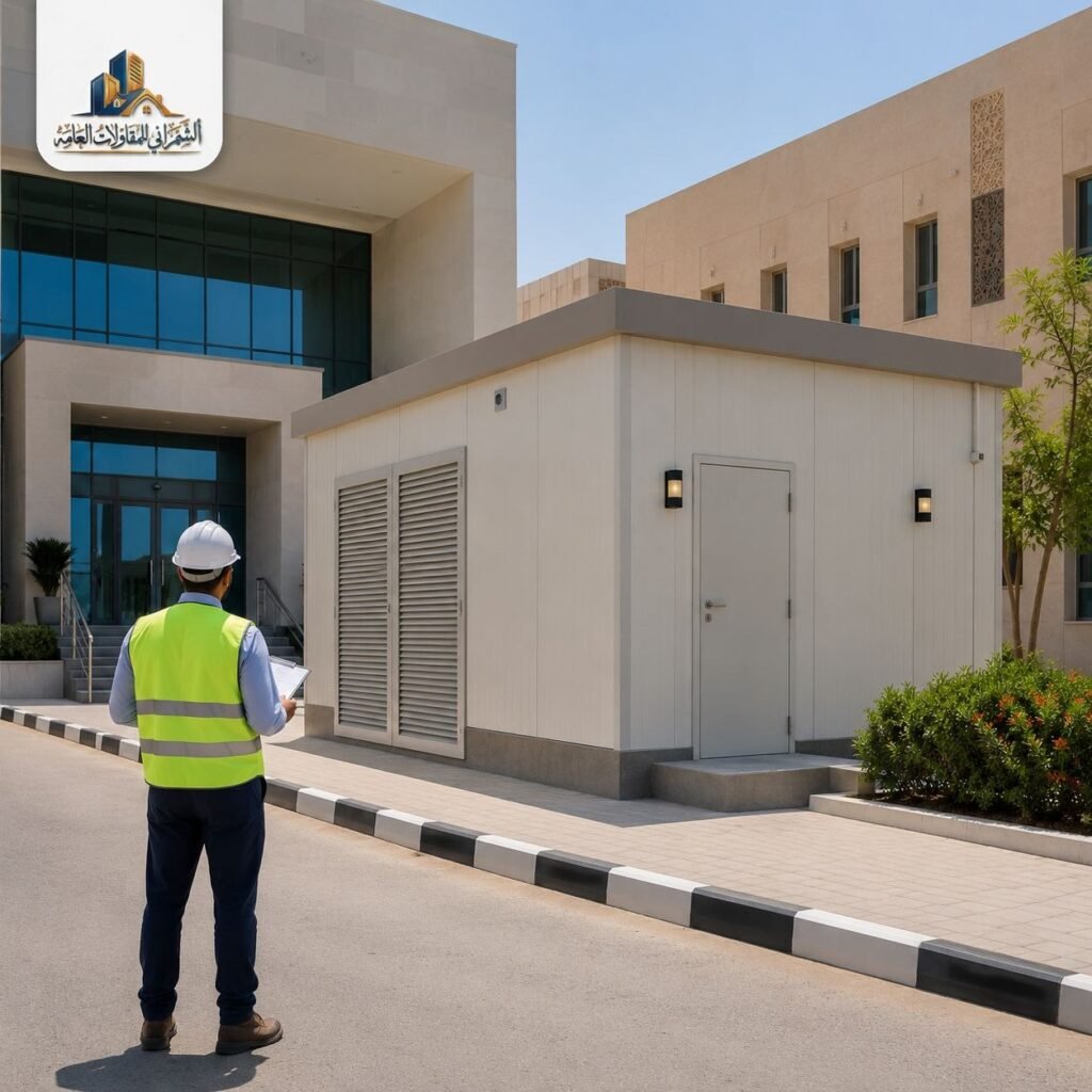مهندس يفحص ملحق ساندوتش بانل جاهز للتسليم بجانب مبنى إداري