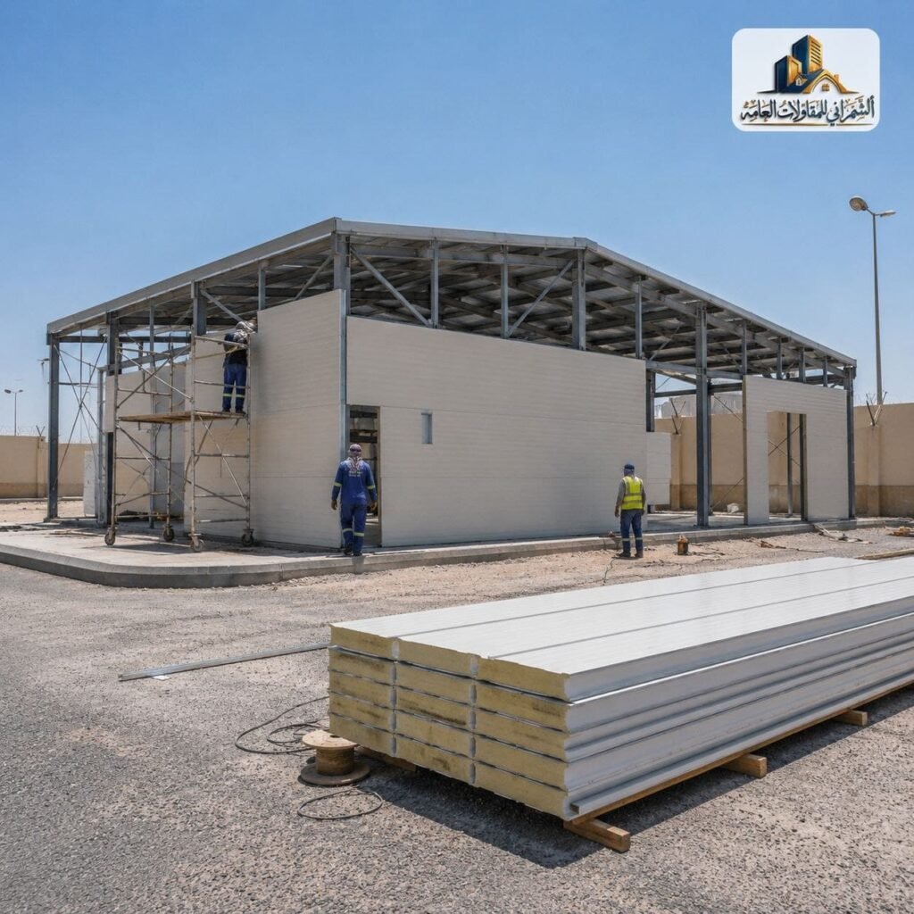 موقع تنفيذ ملحق ساندوتش بانل أثناء التركيب مع هيكل معدني وألواح جاهزة