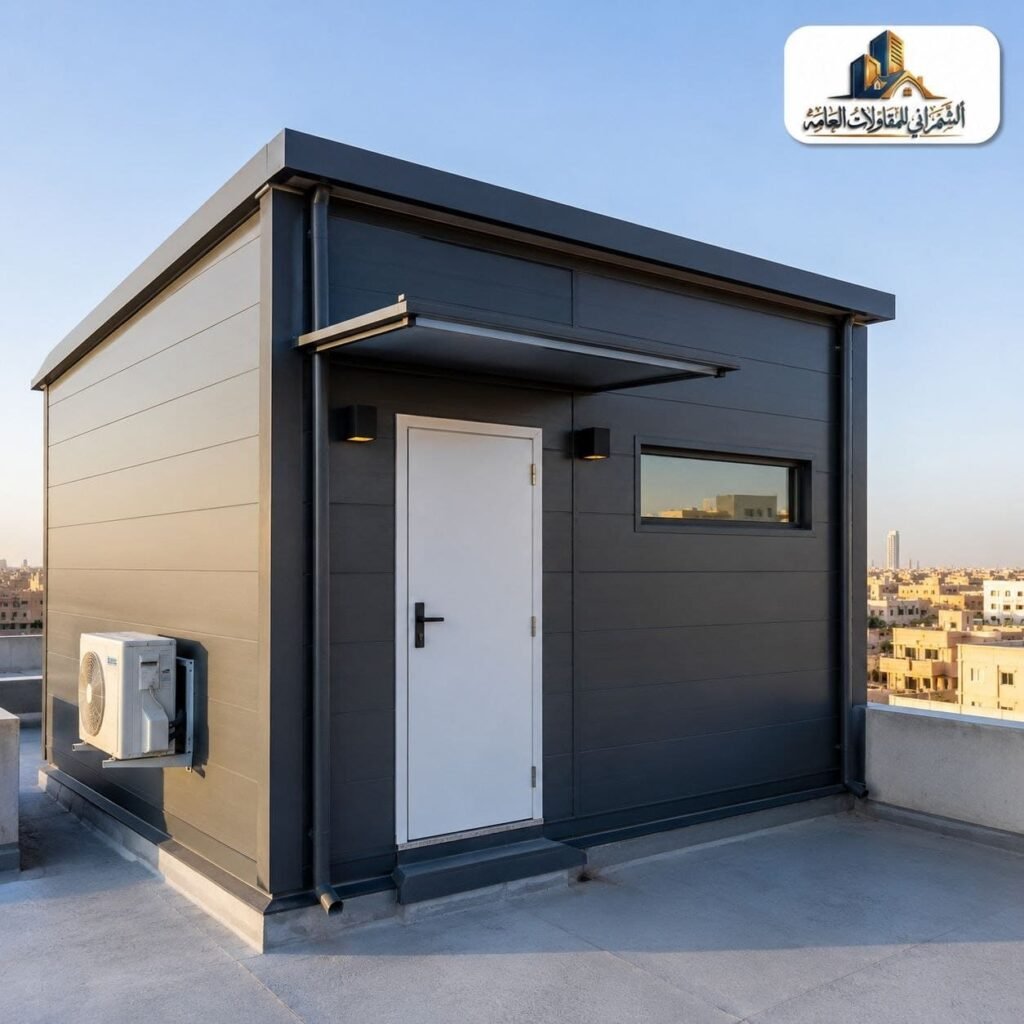 ملحق ساندوتش بانل حديث بتصميم مودرن مع واجهة أنيقة ولمسات خشبية في فناء سكني