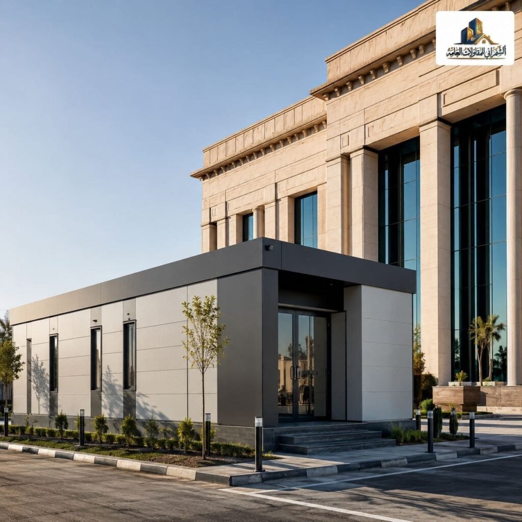 وحدة ساندوتش بانل إدارية أمام مبنى مؤسسي بواجهة رسمية حديثة